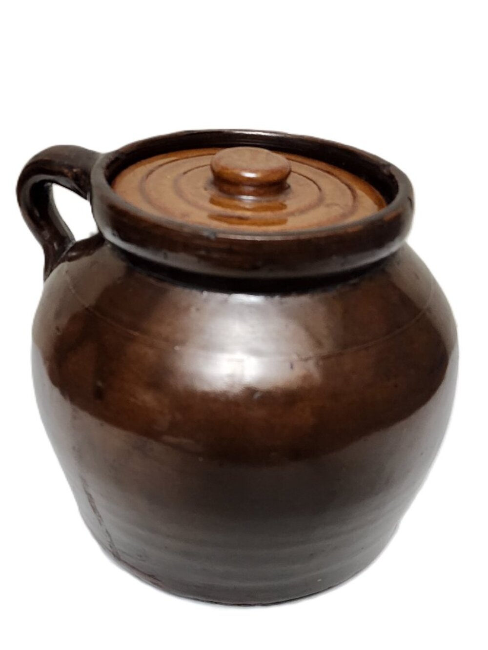 Brown Glaze Stoneware Crock Bean Pot Single Handle with Lid Antique RARE